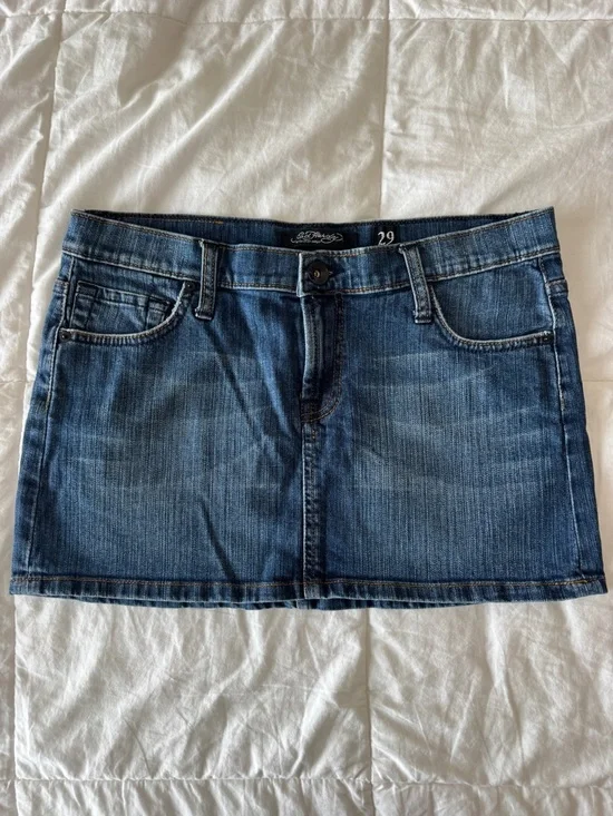 Vintage Ed Hardy Denim Mini Skirt sz 29 Y2K Love Kills Slowly Graphic Distressed - Picture 2 of 9